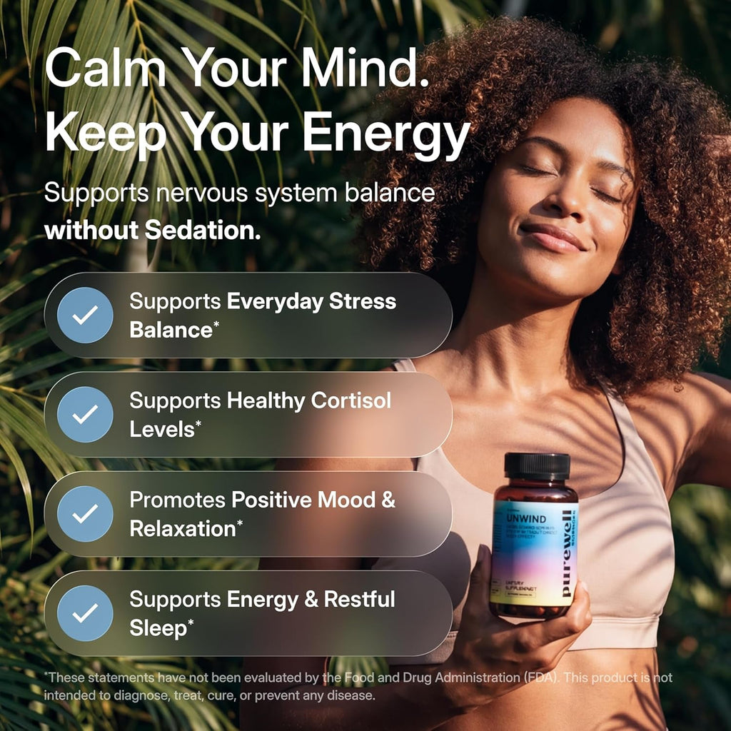 Unwind - Cortisol Supplements for Women - 60 Vegan Capsules - L Theanine Supplement + Magnesium + Rhodiola Rosea Extract + Zinc + Vitamin B6