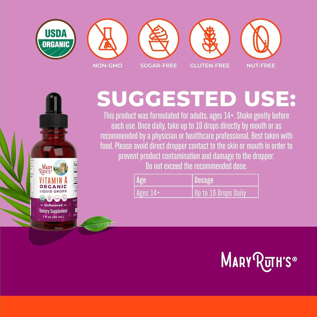 MARYRUTH'S Organics USDA Organic Vitamin a Liquid Drops | 3 Month Supply | Bone Health for Ages 14+ | Essential Vitamin | 750Mcg per Serving | Sugar Free | Vegan | Non-Gmo | Gluten Free | 1Oz