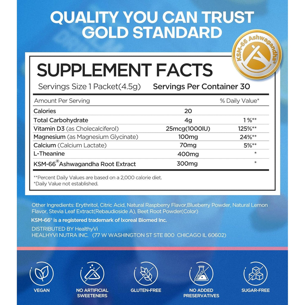 Calm Magnesium Glycinate Powder Drink Mix for Relax & Sleep Aid, Cortisol Reducer Supplements for Women Men W/ KSM-66 Ashwagandha L-Theanine Vitamin D3 Balance Mood & Stress Non-Gmo Raspberry Lemonade