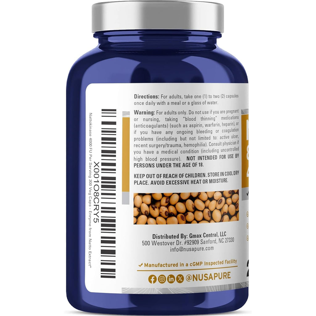 Nusapure Nattokinase 4000 FU 800Mg, 200 Veggie Capsules (Vegan, Non-Gmo)