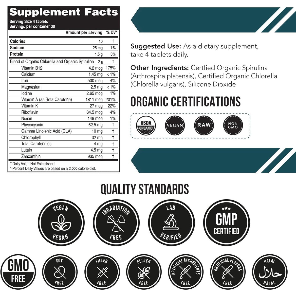 Organic Spirulina & Chlorella Tablets – 4 Organic Certifications, Raw, Non-Irradiated – 50/50 Blue Green Algae Blend – Antioxidant Content Equal to 5 Servings of Vegetables (120 Tablets)