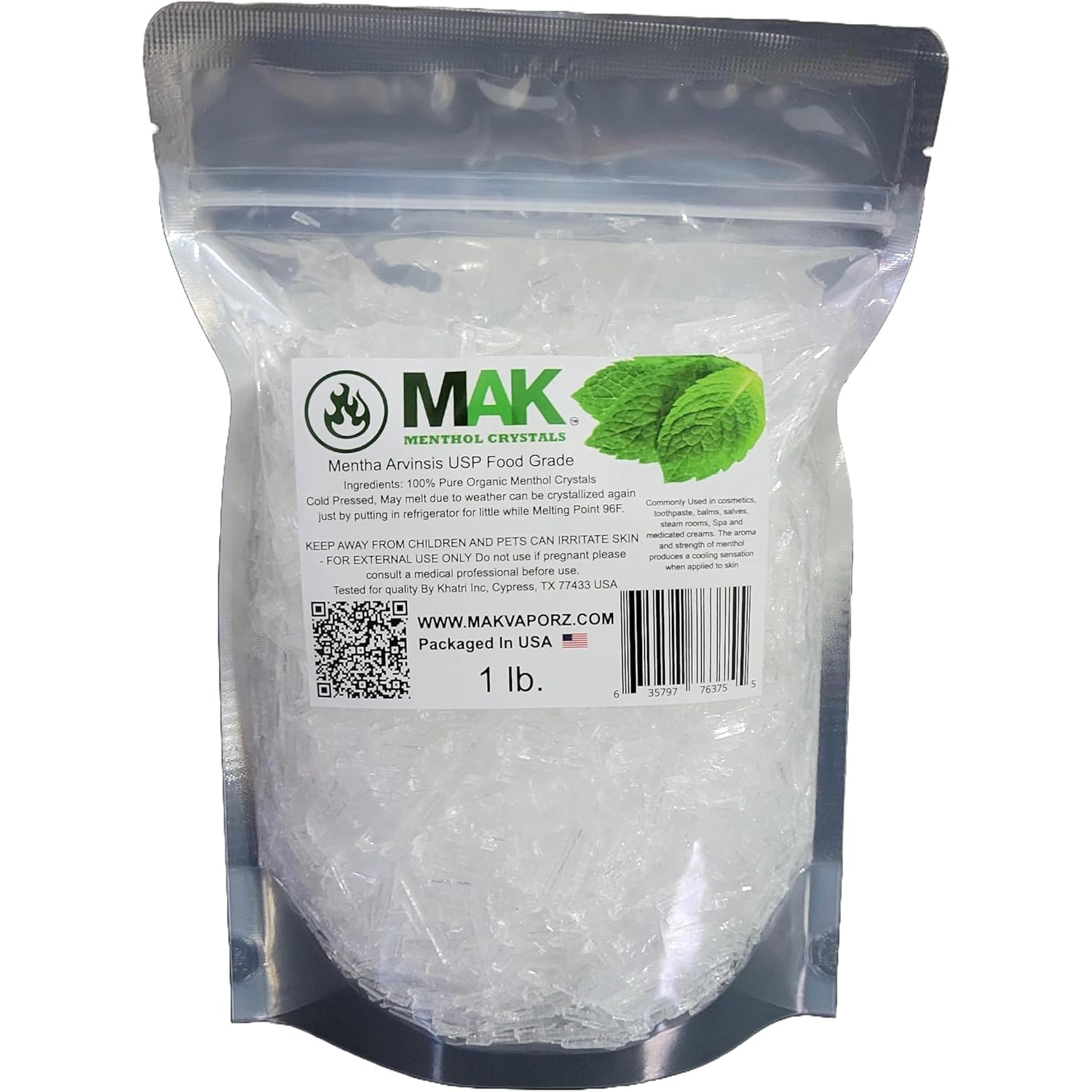 Mak Menthol Crystal 1 LB - Pure Organic 100% Natural - Menthol Crystals from Mint Crystal Mints Mentha Arvensis - Comes in Resealable Standup Bag for Long-Lasting Freshness
