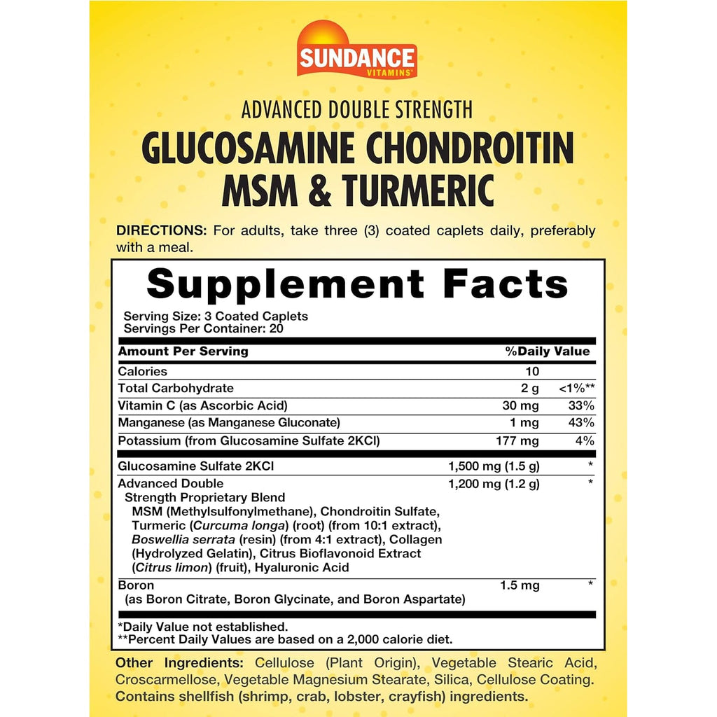 Sundance Glucosamine Chondroitin MSM and Turmeric | 60 Caplets | Double Strength | Non-Gmo and Gluten Free Supplement