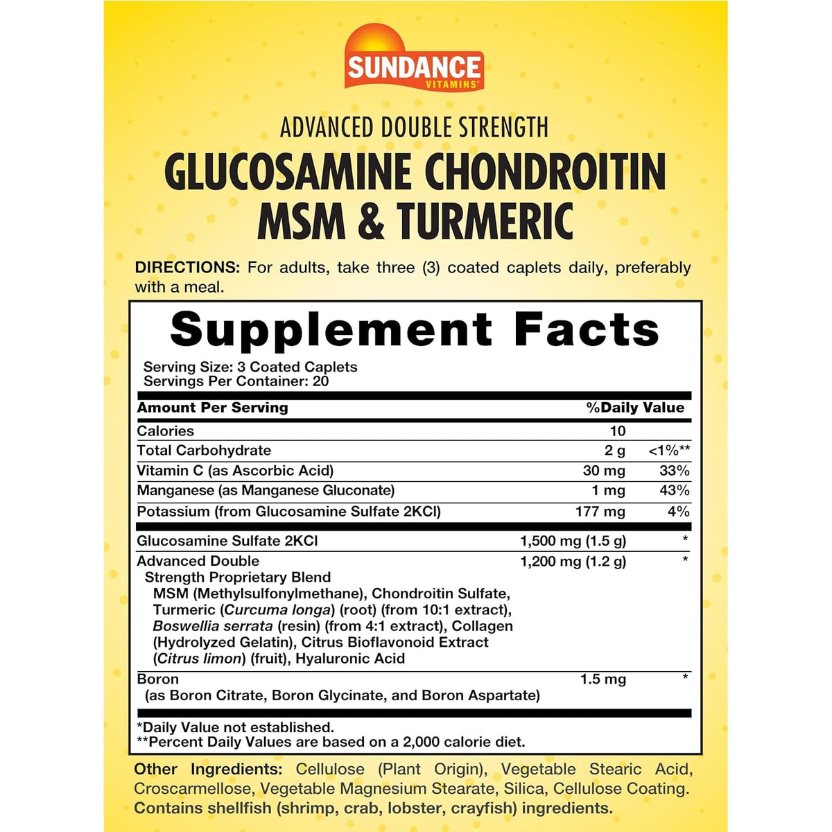 Sundance Glucosamine Chondroitin MSM and Turmeric | 60 Caplets | Double Strength | Non-Gmo and Gluten Free Supplement