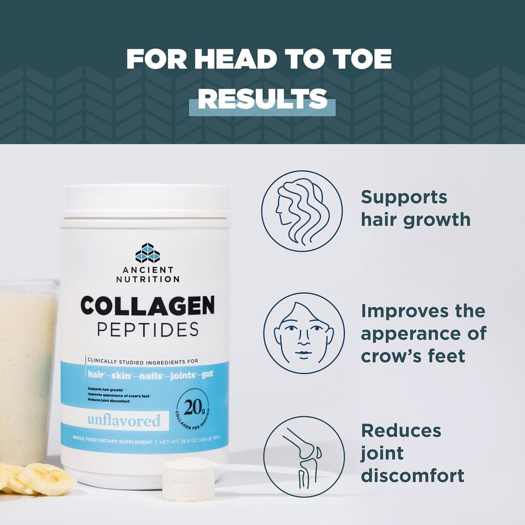 Ancient Nutrition Collagen Peptides, Collagen Peptides Powder, Unflavored Hydrolyzed Collagen, Supports Healthy Skin, Joints, Gut, Keto and Paleo Friendly, 38 Servings, 20G Collagen per Serving