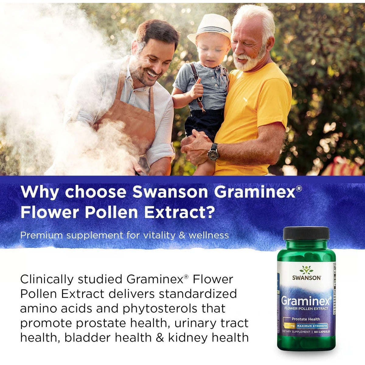 Swanson Graminex Flower Pollen Extract - Men'S Health Supplement to Support Prostate, Kidney, Bladder & Urinary Tract Health* - Non-Gmo - 60 Capsules