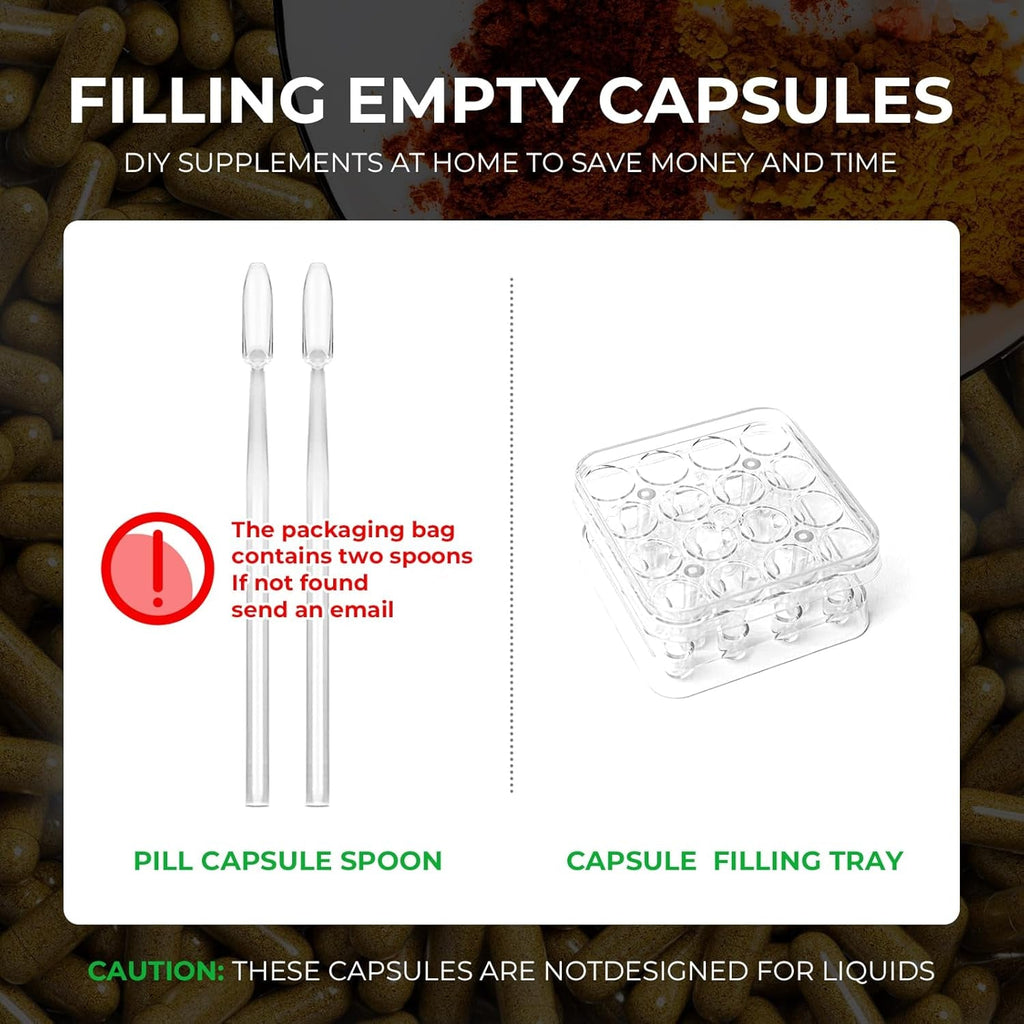 Size 0 Capsules Empty Vegan Plant Based Clear (100 Count) Gluten Free, Non-Gmo, Halal Certified Pill Caps Filling Kit with 2 Spoons for Vegetarian DIY Your Own Supplements