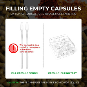 Size 0 Capsules Empty Vegan Plant Based Clear (100 Count) Gluten Free, Non-Gmo, Halal Certified Pill Caps Filling Kit with 2 Spoons for Vegetarian DIY Your Own Supplements