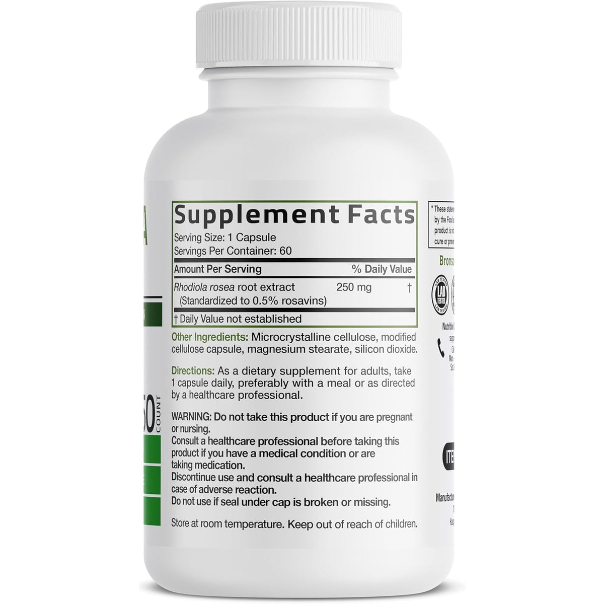 Bronson Rhodiola Rosea Vegetarian Capsules - Adaptogenic Herb - Brain, Stress & Mood Support - Non-Gmo, 60 Count