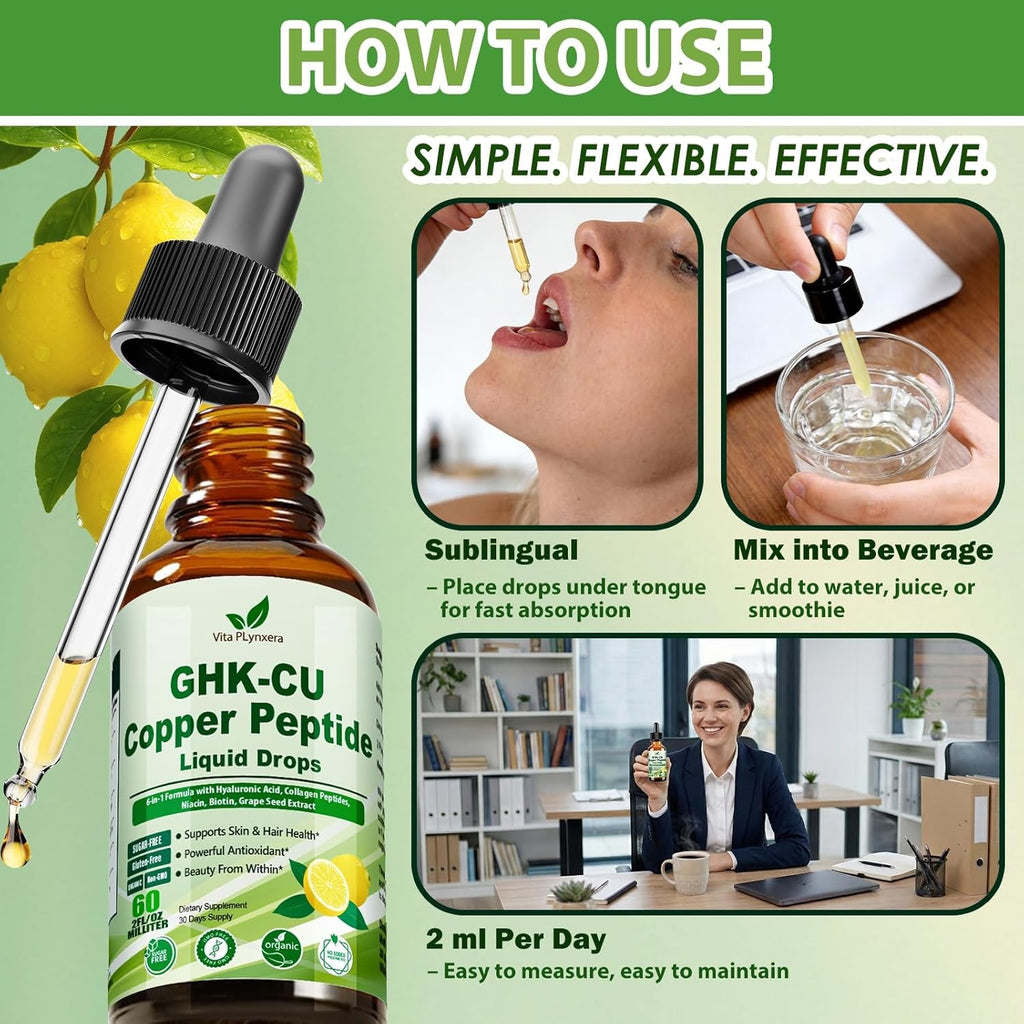 Vita Plynxera GHK-CU Peptide Supplement Liquid Drops, Premium 6-In-1 GHK CU Copper Peptides W. Marine Collagen Hyaluronic Acid Biotin for Anti-Aging, Skin Hair Growth Support, Oral Drops丨Women Men
