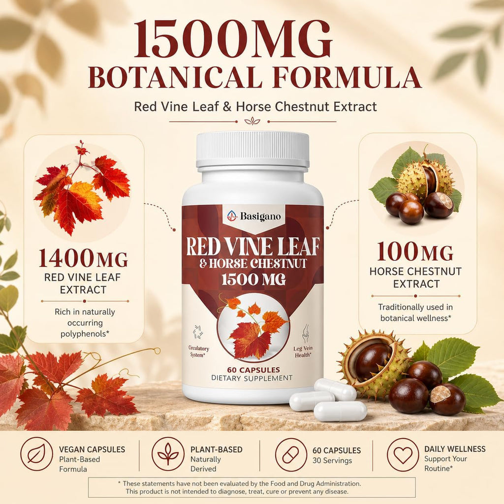 Red Vine Leaf & Horse Chestnut Extract Capsule Supplements (Vitis Vinifera) 1500Mg -Premium Extract for Healthy Veins, Circulation, Heart, Skin (1 Pack)