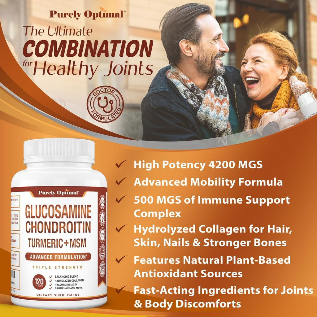 Purely Optimal Glucosamine Chondroitin MSM Supplement W/Turmeric & Boswellia - Glucosamine Sulfate Joint Supplement for Men & Women - 120 Tablets