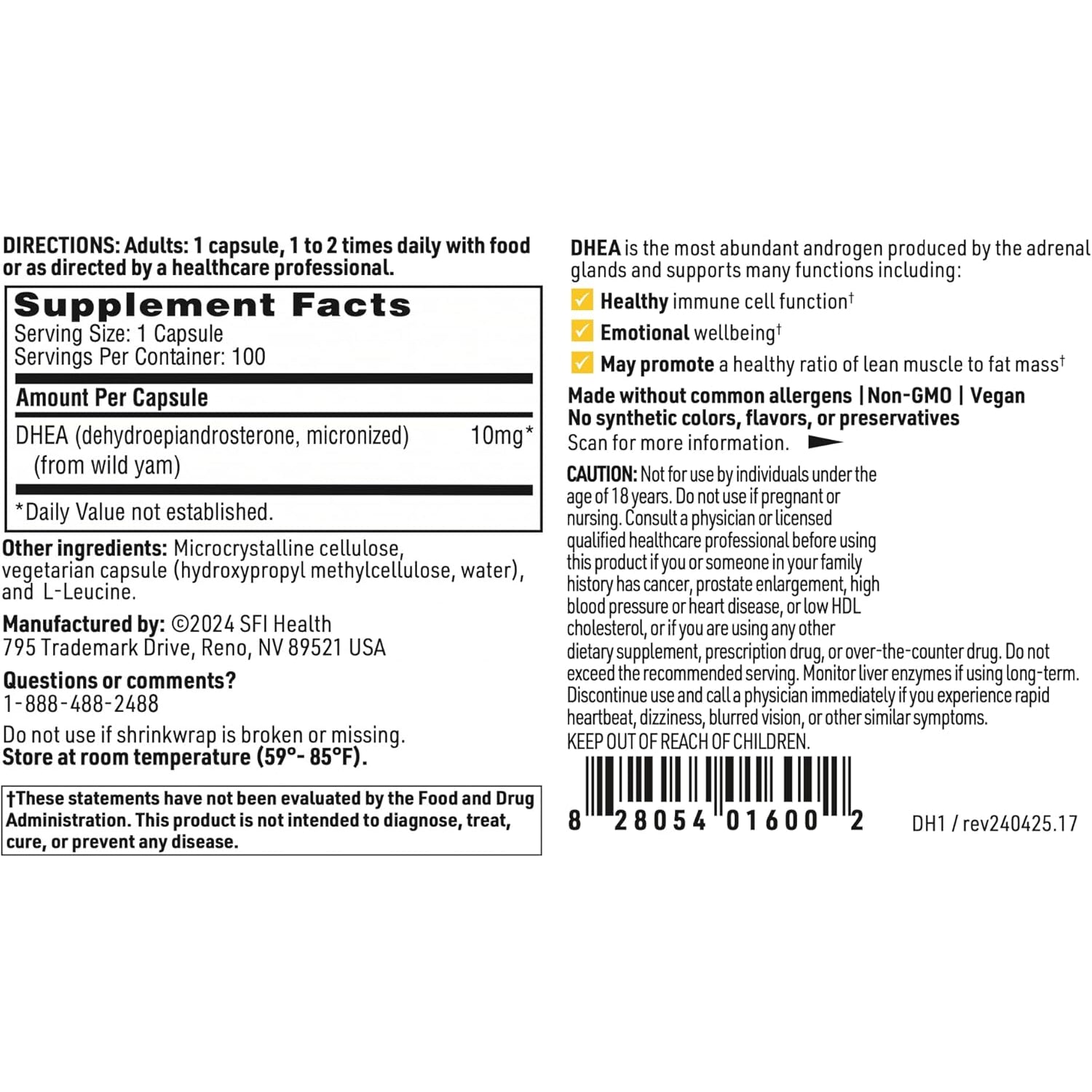 SFI Health Klaire Labs DHEA 10Mg - Dehydroepiandrosterone Derived from Wild Yam - Micronized for Superior Absorption - Soy-Free, Hypoallergenic Supplement for Men & Women (100 Capsules)