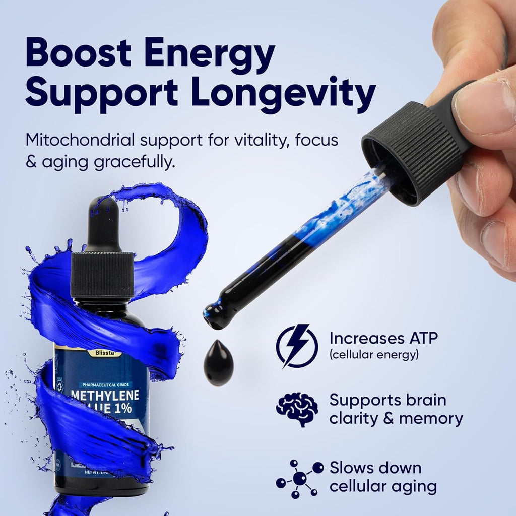 USP Pharmaceutical Grade Methylene Blue 1% Solution – Third-Party Lab Tested, Formaldehyde-Free, Heavy Metal Free –Nootropic - Cognitive Support, Brain Health, Energy & Focus Drops – 30Ml