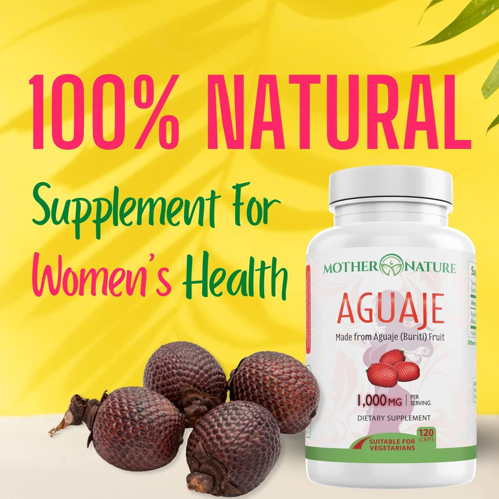 Mother Nature Aguaje Curves Capsules for Women, 1000Mg (120Ct), Natural & Sustainably Sourced Aguaje Fruit from Peru for Female Health, Hormone Balance, Curve Enhancer, Vegan, Non-Gmo & Gluten-Free