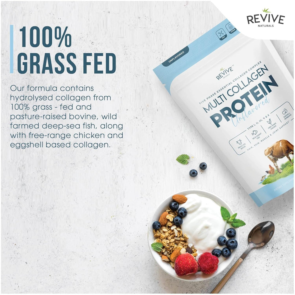 Multi Collagen Hydrolyzed Protein Powder (16Oz) - Types I, II, III, V & X - Grass Fed Bovine (Peptan®), Wild Caught Marine, Free Roaming Chicken & Eggshell Collagen Peptides, Non-Gmo, GF.