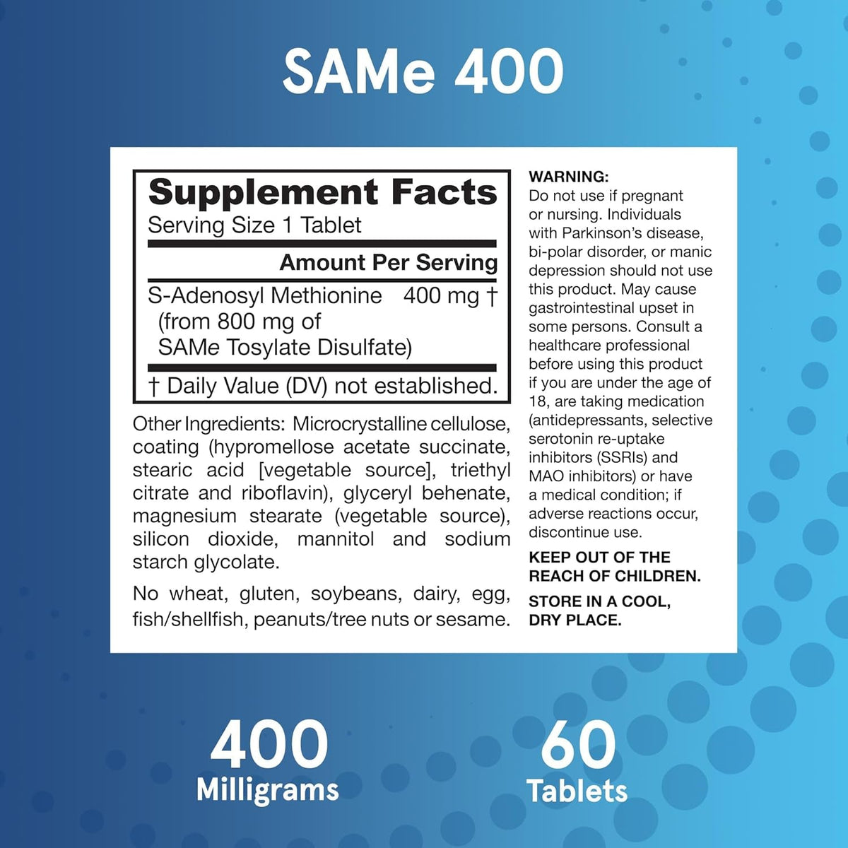 Jarrow Formulas Same Supplement 400 Mg - 60 Tablets - High Concentration of Active S,S Form - Supports Joint Health, Liver Function, Brain Metabolism, Balanced Mood & Antioxidant Defense - 60 Servings