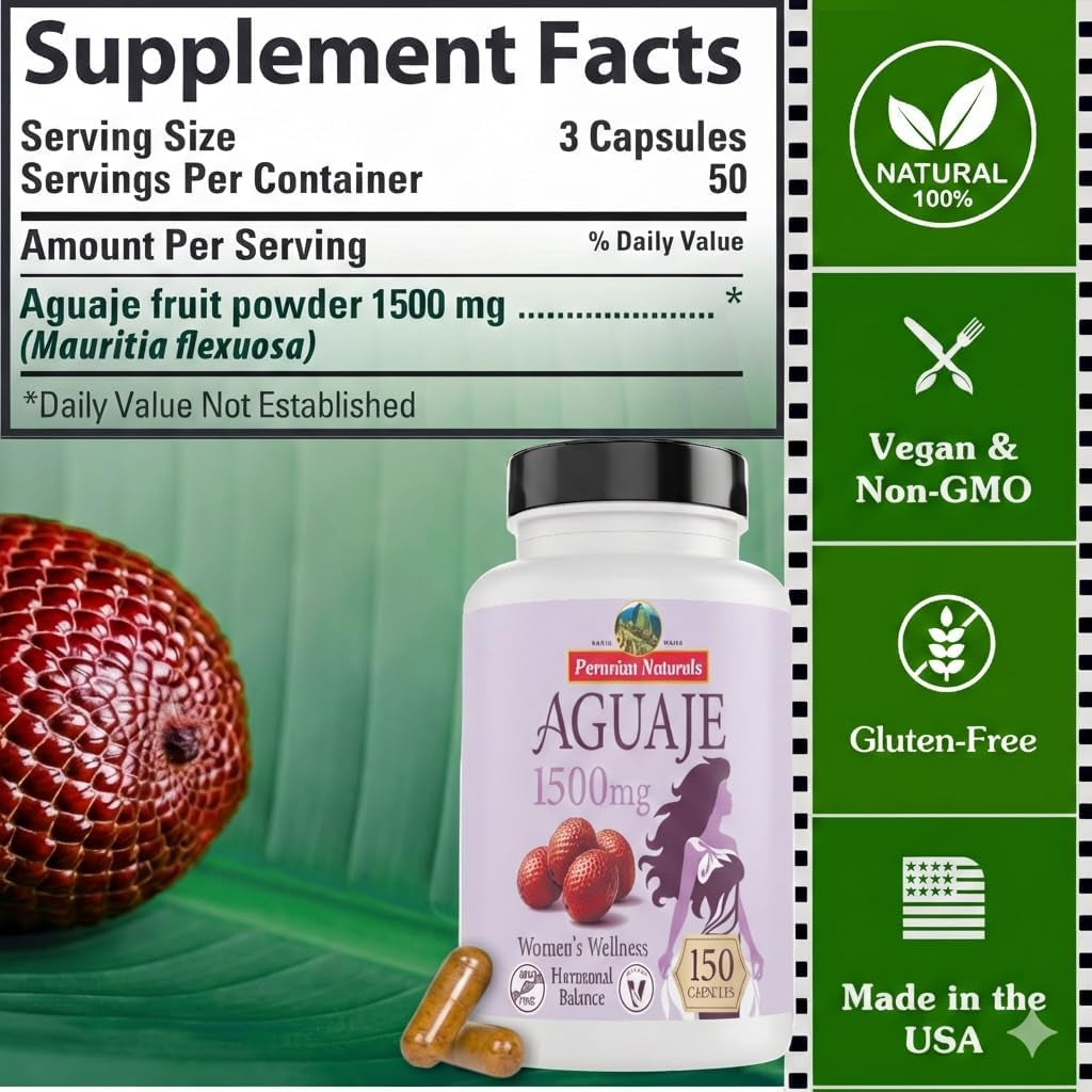 Peruvian Naturals Aguaje Capsules for Women 150 Pills - Natural Curves for Female Health Supplement, Powerful Hormone Balance, Buriti Fruit, Non-Gmo, Vegan