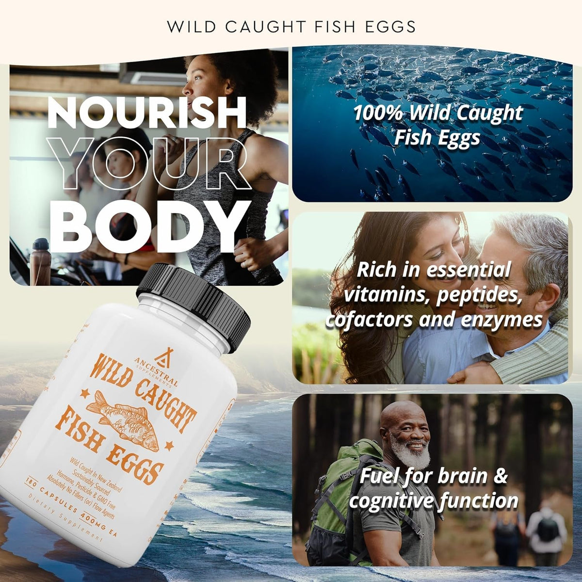 Ancestral Supplements Wild Caught Fish Eggs, 2400Mg, Omega-3 Supplement Supports Brain, Heart, Fertility and Inflammatory Health, Whole Food Source of Vitamin D, K2, and A, Non-Gmo, 180 Capsules