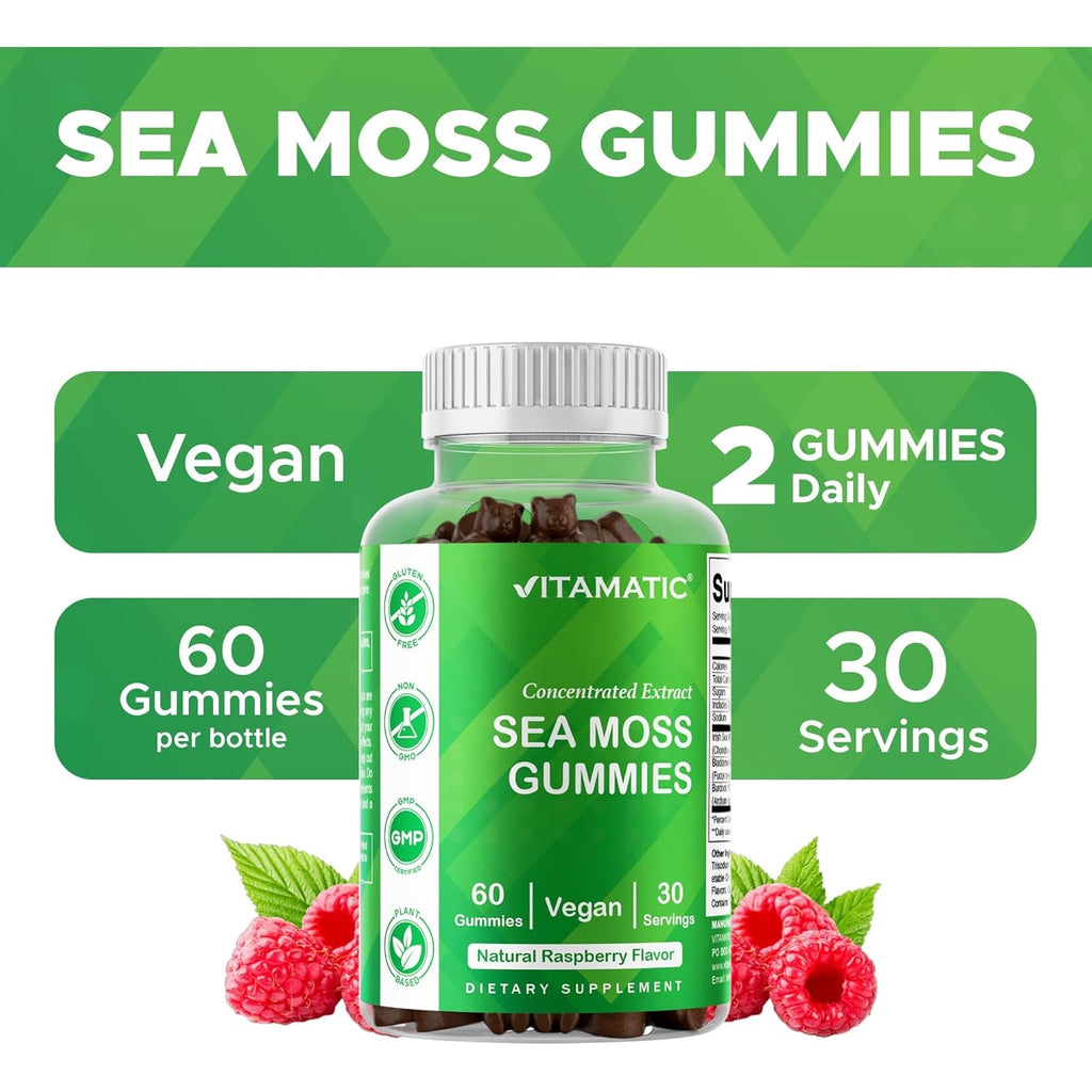 Vitamatic Irish Sea Moss Gummies with Bladderwrack & Burdock Root – Botanical Extract Supplement – Vegan, Non-Gmo – 60 Count
