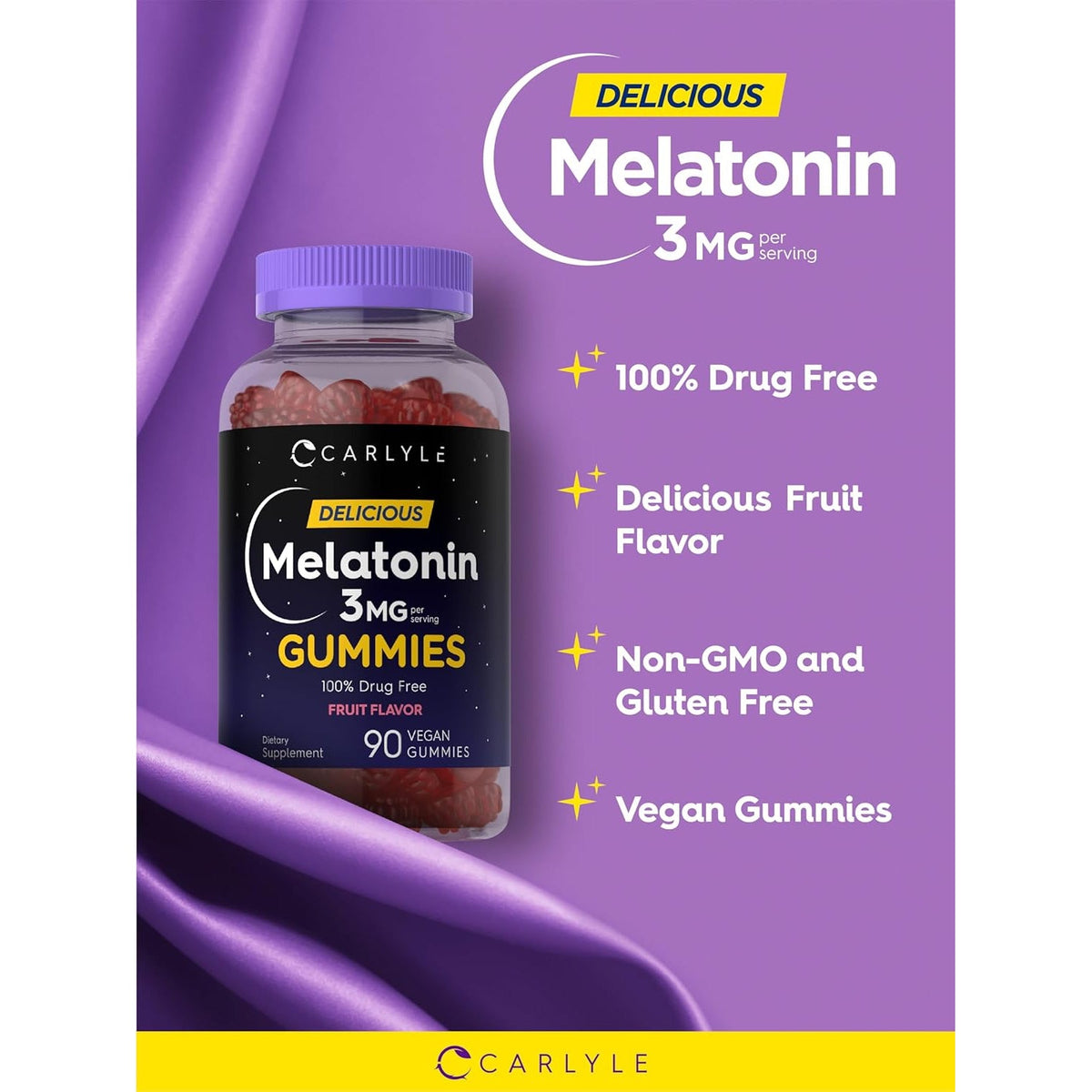 Carlyle Melatonin Gummies 3Mg | 90 Count | Fruit Flavor Gummy Supplement | 100% Drug Free Support | Vegan, Non-Gmo, Gluten Free