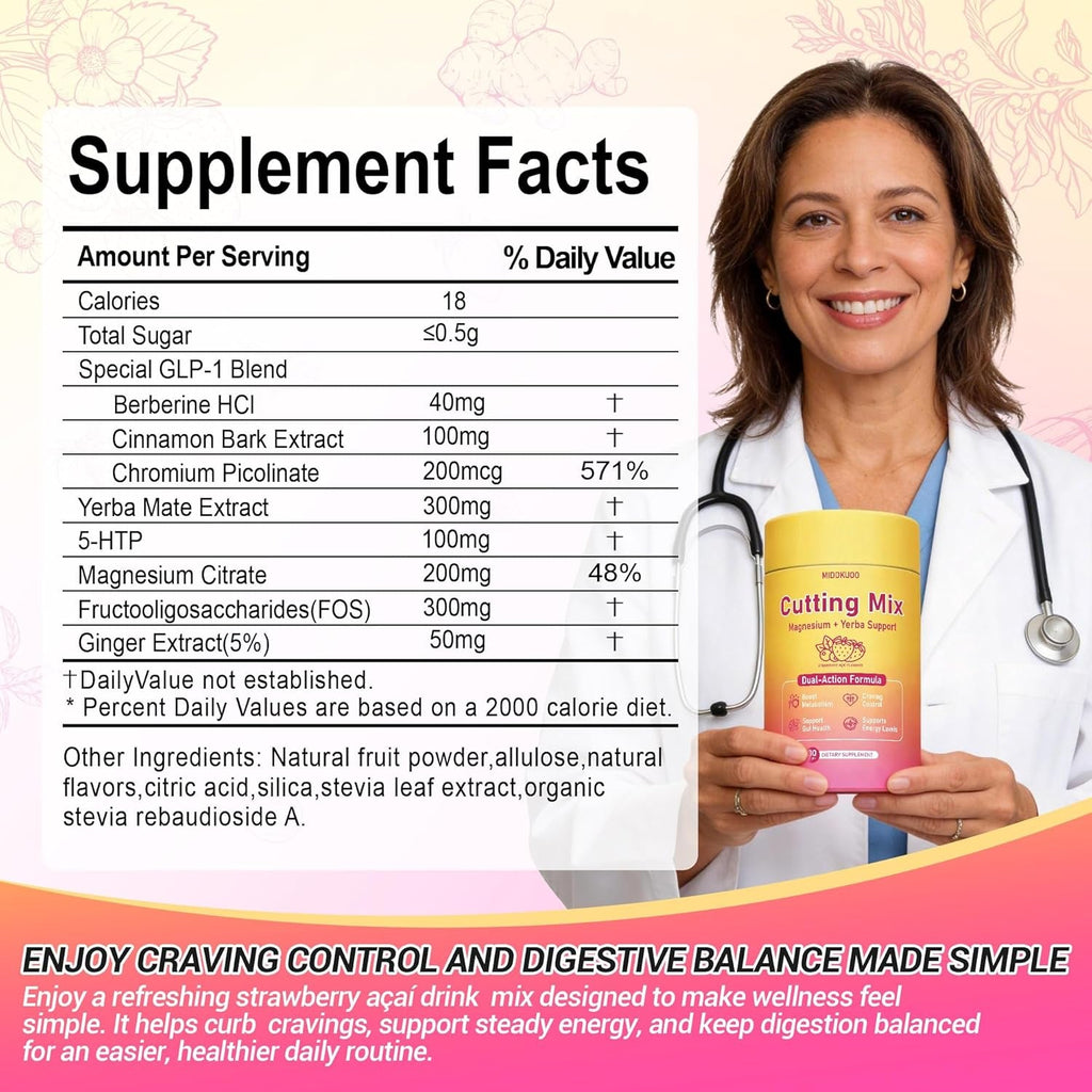 Cutting Drink Mix – Dual-Action Satiety Signaling, Energy & Digestive Health with Berberine, Chromium, FOS, Yerba Mate & 5-HTP | Vegan, Sugar-Free, Non-Gmo - 30 Sticks