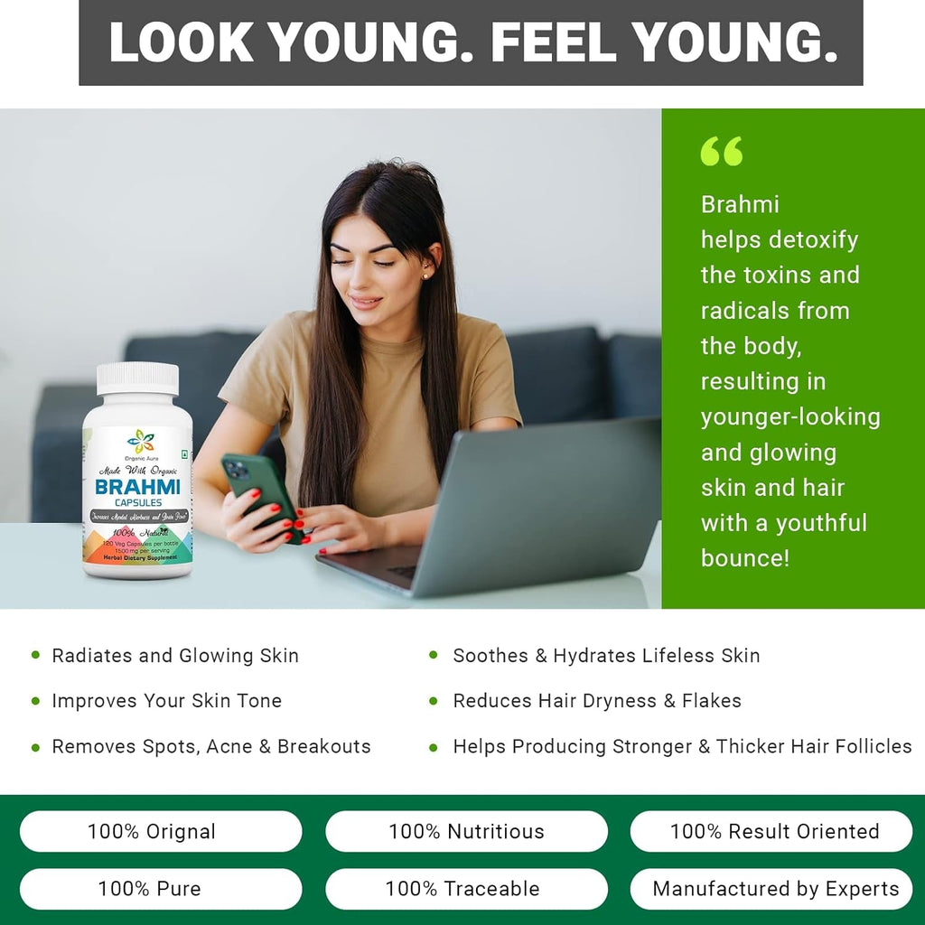 Organic Aura Brahmi Capsules -120 Count. Naturally Strengthens and Boosts Immunity and Memory. Whole Green Superfood. Non GMO - Gluten Free.