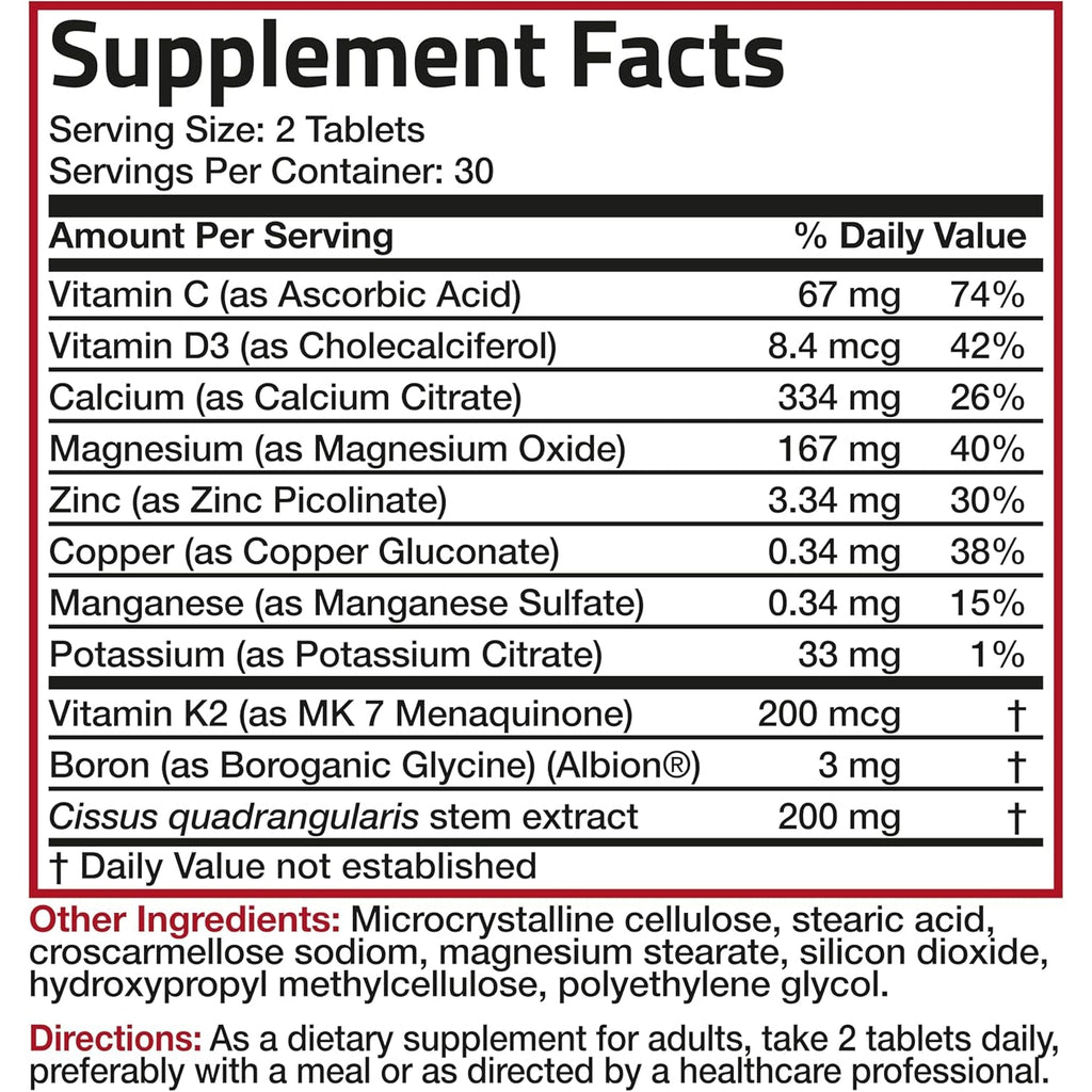 Bronson Bone Health & Strength Complex* High Potency Formula 200 MCG of Vitamin K2 as MK7, plus Calcium, Boron, Cissus Quadrangularis, Magnesium, Vitamin D3, and More - Non-Gmo, 60 Tablets