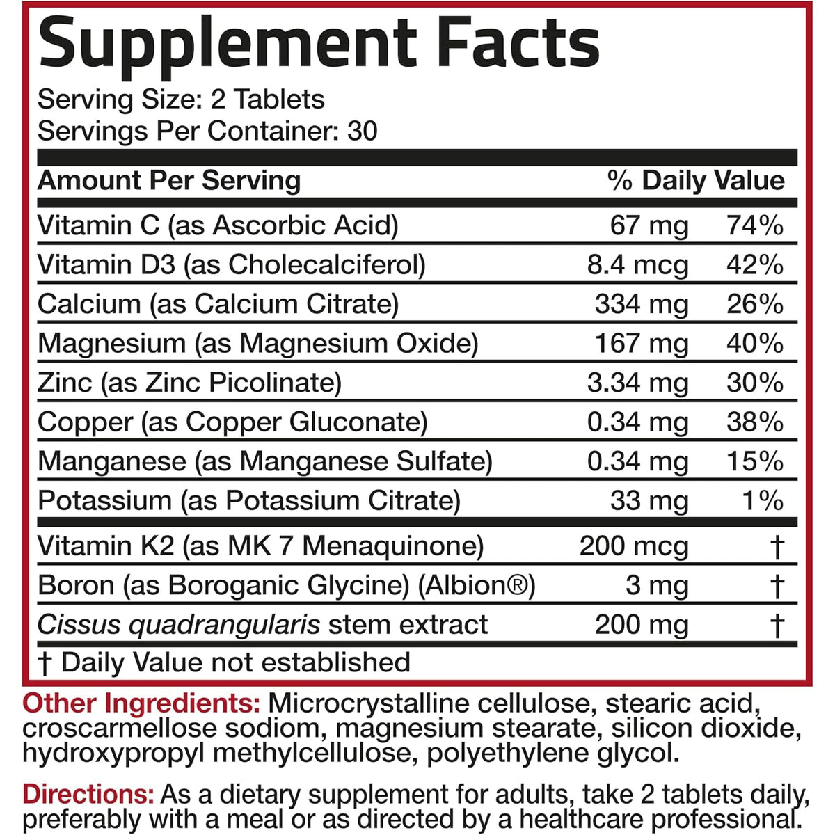 Bronson Bone Health & Strength Complex* High Potency Formula 200 MCG of Vitamin K2 as MK7, plus Calcium, Boron, Cissus Quadrangularis, Magnesium, Vitamin D3, and More - Non-Gmo, 60 Tablets