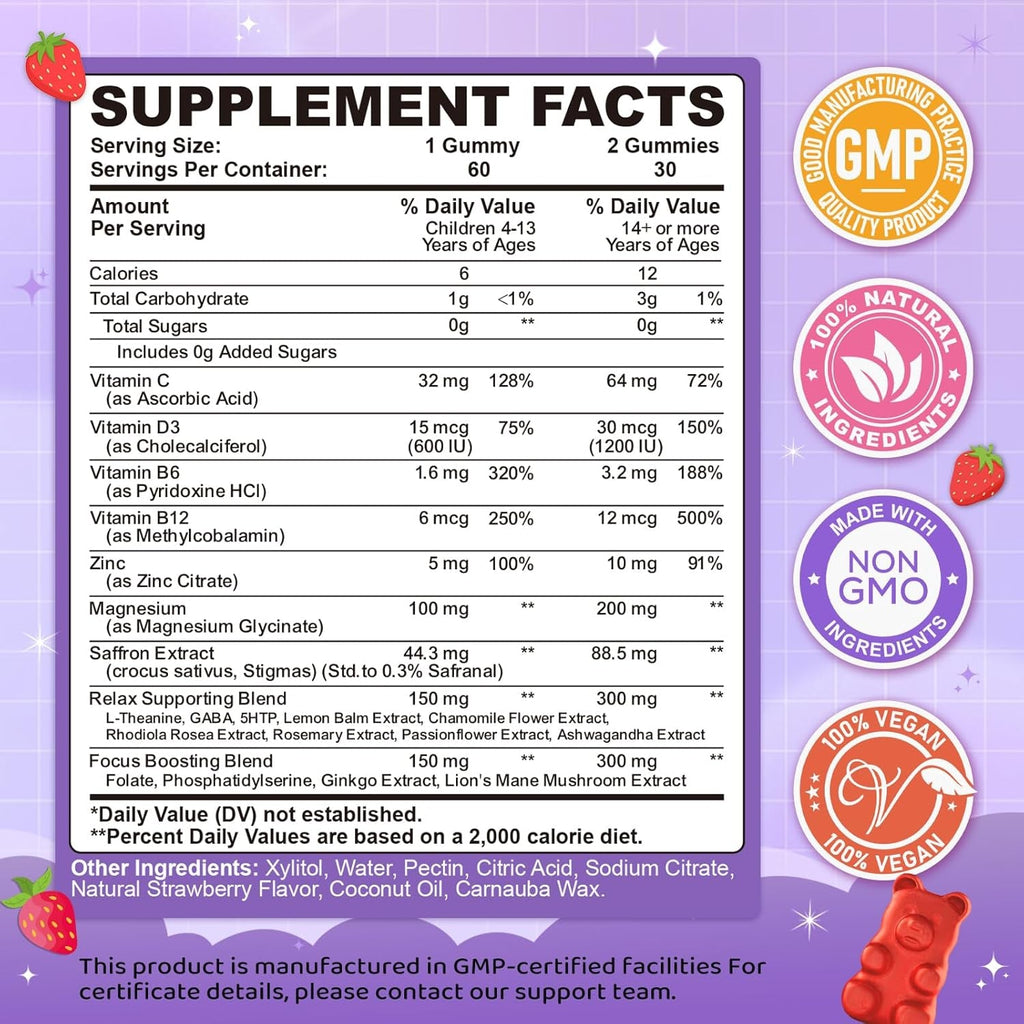 Saffron Gummies for Kids & Adults, 20-In-1 Saffron Supplements with 88.5Mg Saffron Extract, B6, B12, C, D3, Magnesium for Calm, Focus, Nerve, Sugar Free, Vegan, Non-Gmo - Strawberry Flavor, 60 Counts