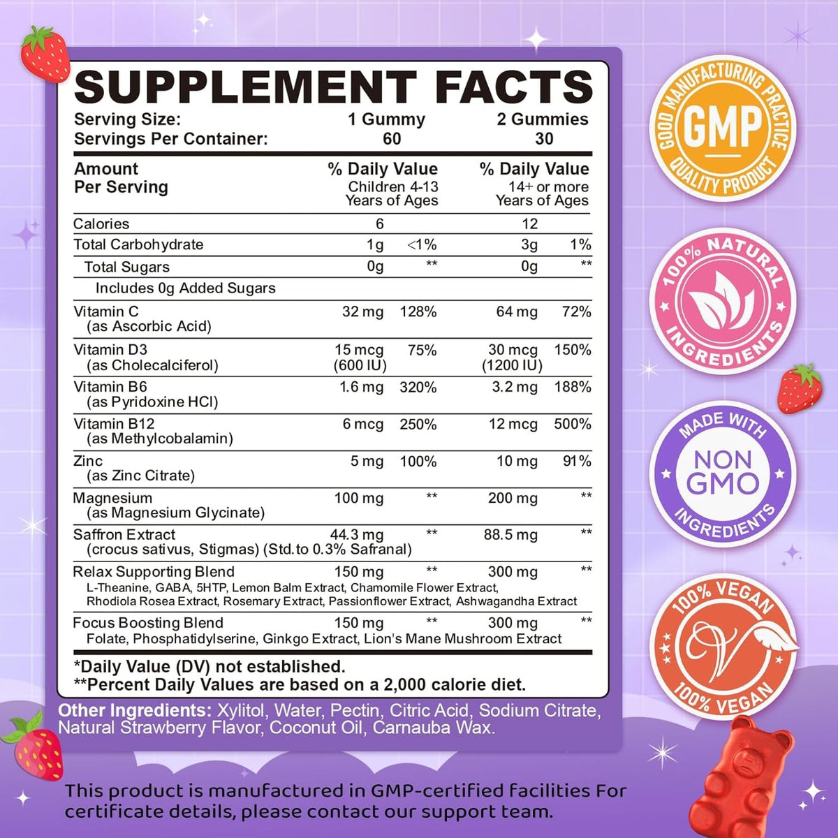 Saffron Gummies for Kids & Adults, 20-In-1 Saffron Supplements with 88.5Mg Saffron Extract, B6, B12, C, D3, Magnesium for Calm, Focus, Nerve, Sugar Free, Vegan, Non-Gmo - Strawberry Flavor, 60 Counts