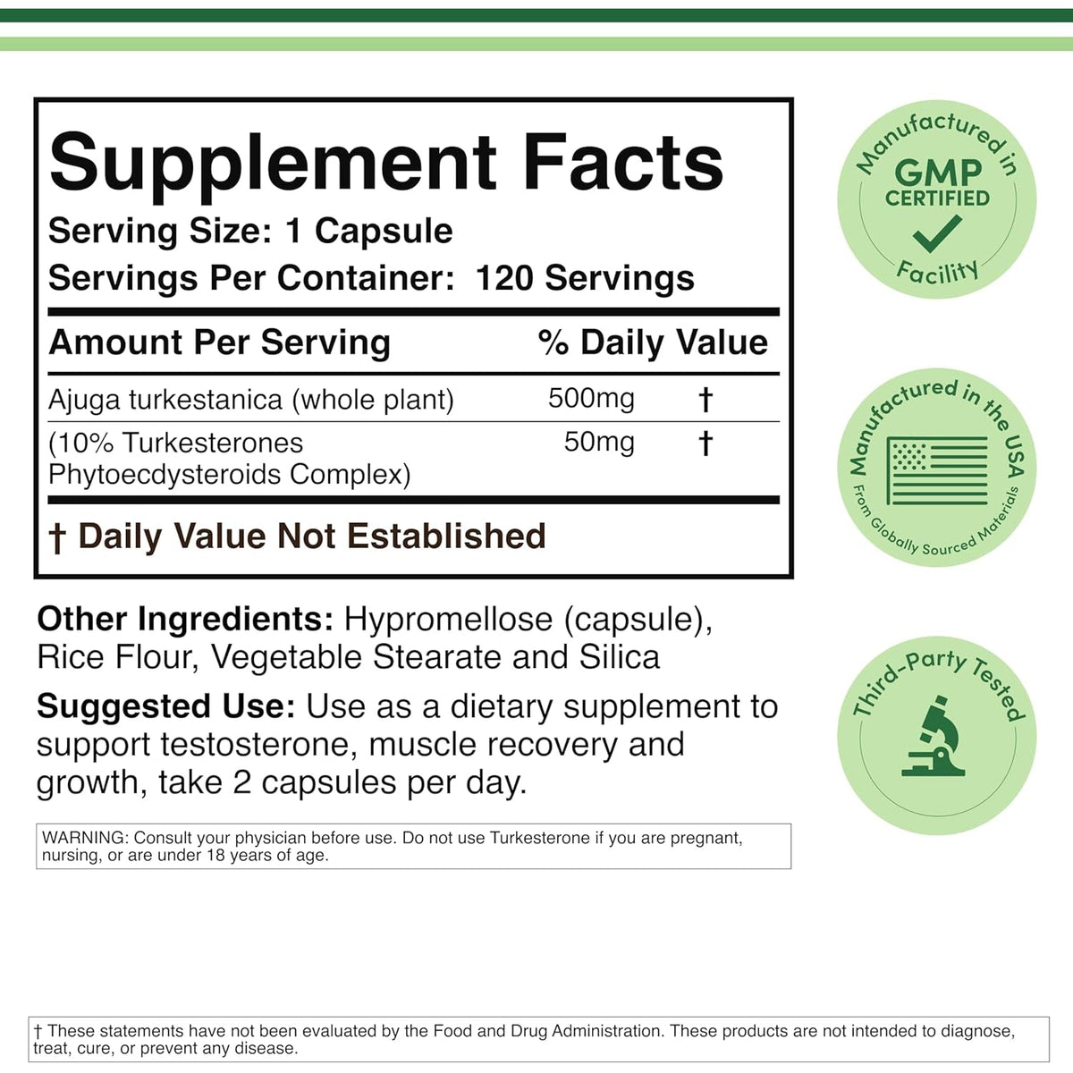 Turkesterone Supplement 500Mg, 120 Capsules (Ajuga Turkestanica Extract Std. to 10% Turkesterone) Similar to Ecdysterone for Men'S Health Support (Manufactured and Tested in the USA) by Double Wood