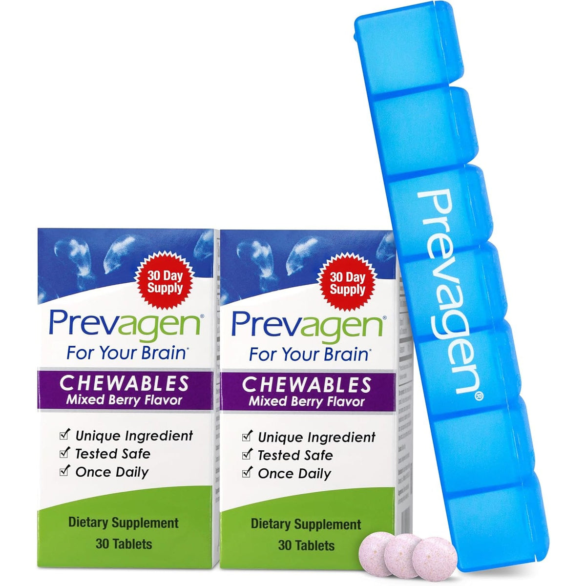 Prevagen Regular Strength Mixed Berry Chewables - 60 Tablets (2 Month Supply) | Formulated for Your Brain | 10Mg of Apoaequorin plus Vitamin D3 with 7-Day Pill Minder