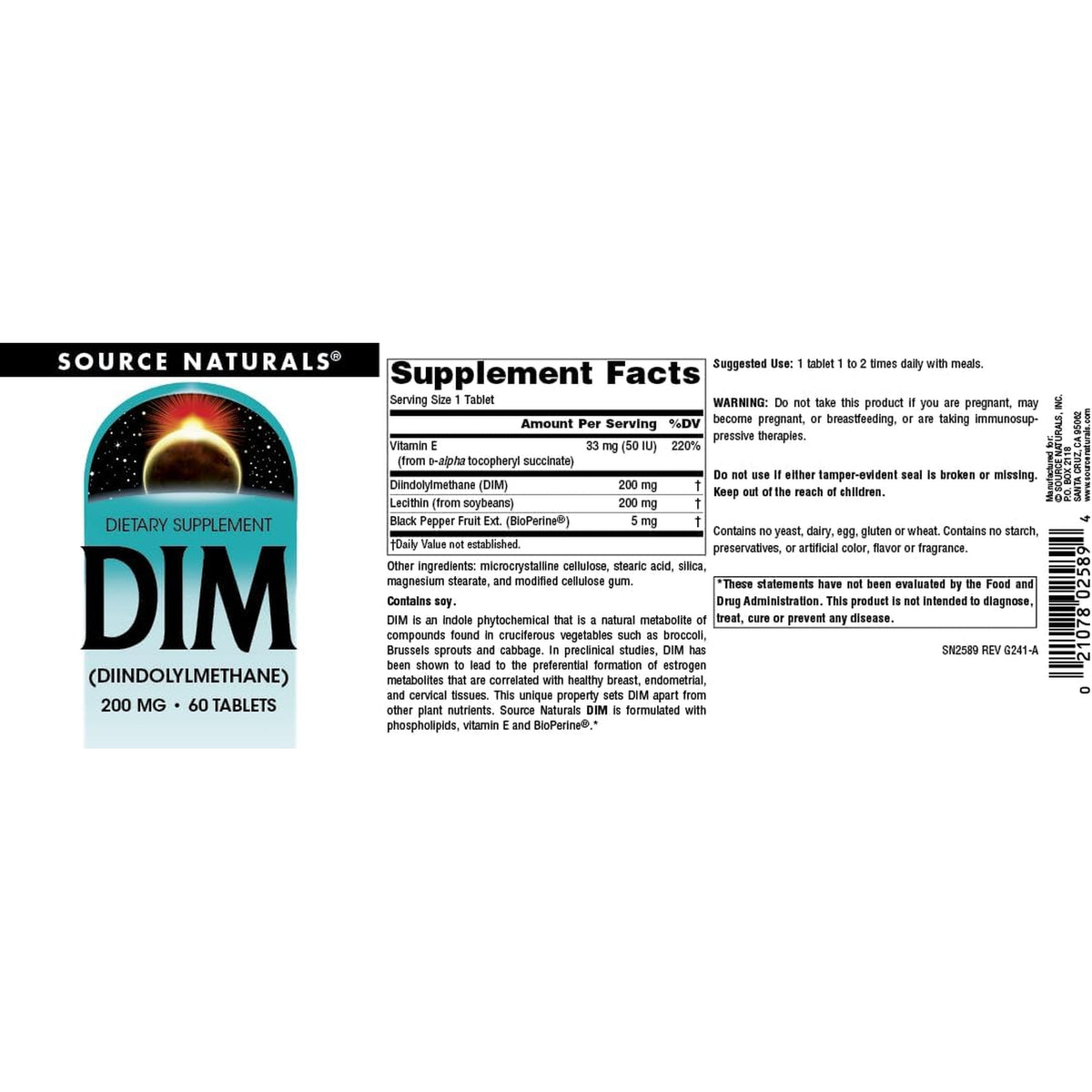 Source Naturals DIM, Diindolylmethane 200Mg with Bioperine, Vitamin E & More - 60 Tablets
