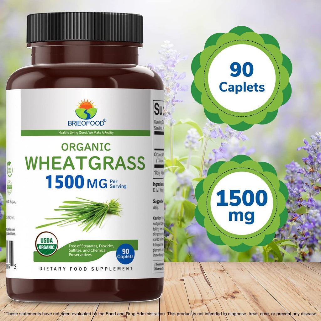 Brieofood Organic Wheatgrass 1500Mg, 45 Servings, Vegetarian, Gluten Free, 90 Vegetarian Tablets