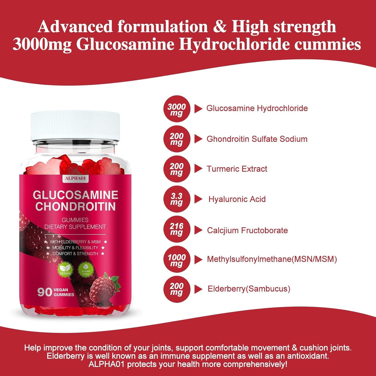 Glucosamine Chondroitin Gummies - 3000MG Extra Strength Joint Support Supplement with MSM & Elderberry, Flexibility, Antioxidant Immune Support Gummy for Adults, Men & Women - 90 Raspberry Gummies