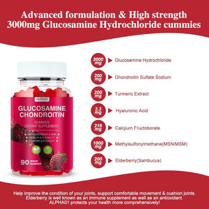 Glucosamine Chondroitin Gummies - 3000MG Extra Strength Joint Support Supplement with MSM & Elderberry, Flexibility, Antioxidant Immune Support Gummy for Adults, Men & Women - 90 Raspberry Gummies