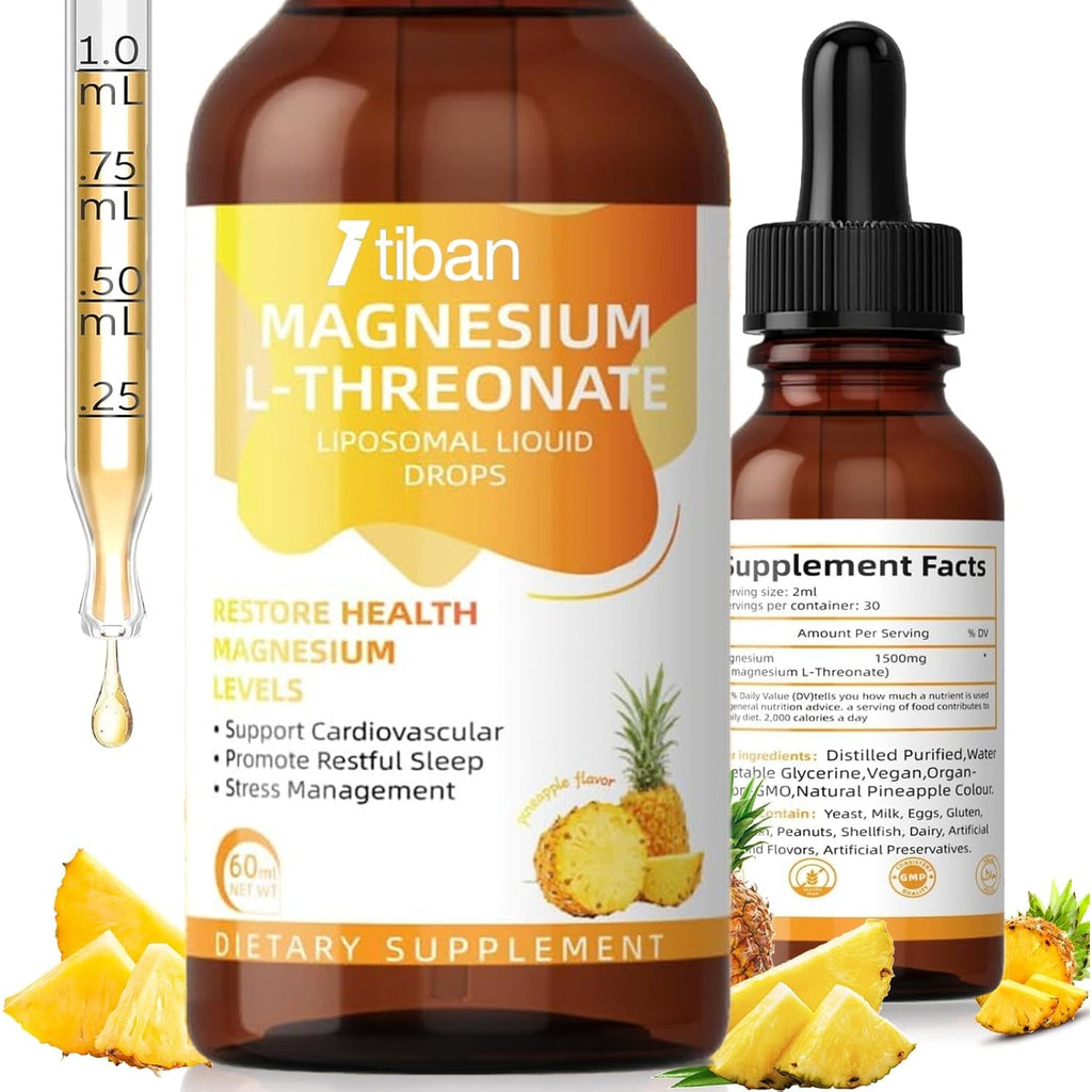 Magnesium L-Threonate Liquid Drops Restore Health Magnesium Levels Support Cardiovascular Promote Restful Sleep Relax Pineapple Flavor 60Ml