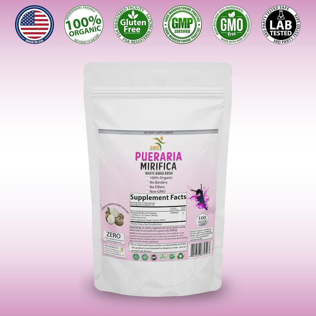 100 Caps Pueraria Mirifica White Extract Powder, 100% 10:1 Potent, Organic, 1,000Mg per Servings, Non GMO from Thailand, Premium Quality, Vegan