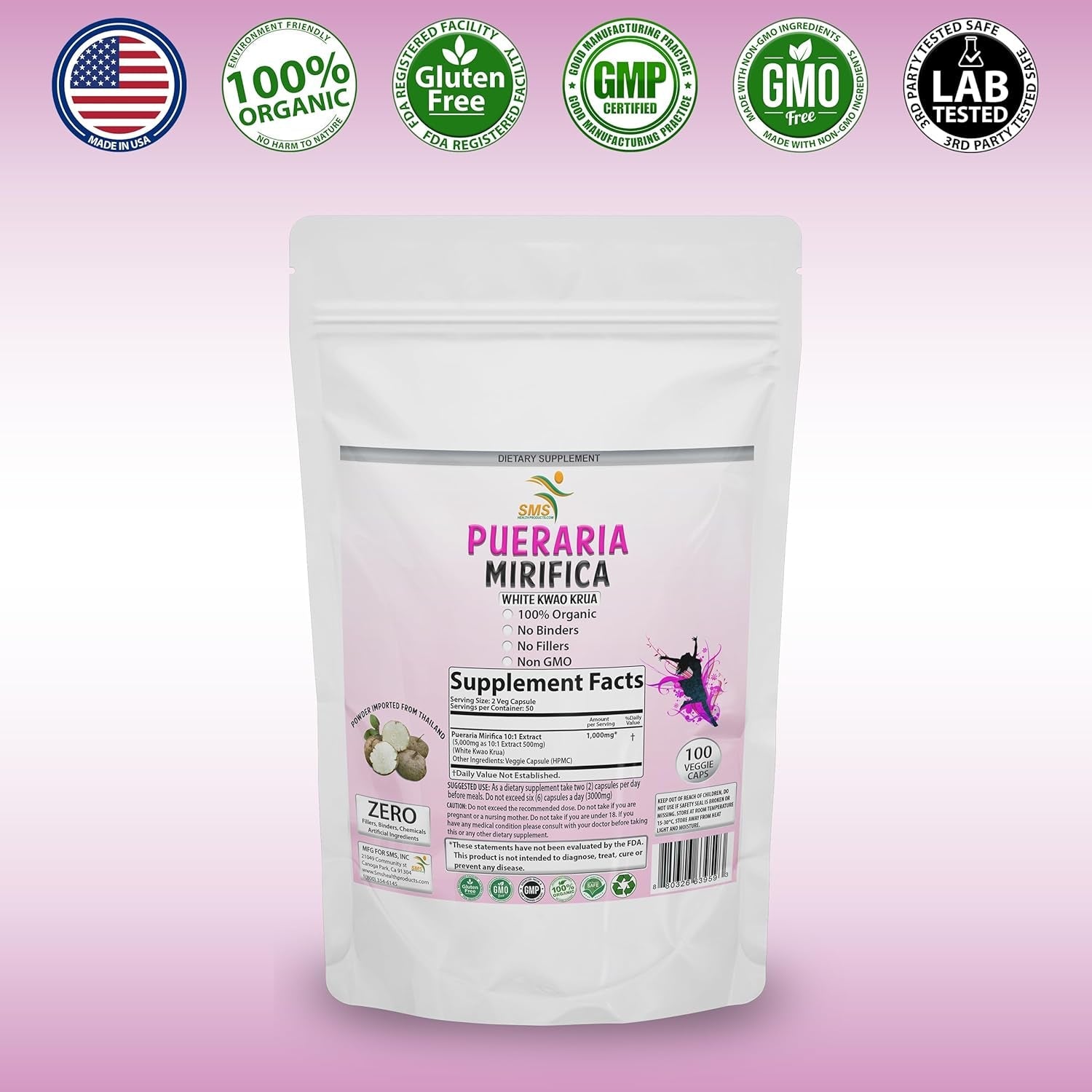 100 Caps Pueraria Mirifica White Extract Powder, 100% 10:1 Potent, Organic, 1,000Mg per Servings, Non GMO from Thailand, Premium Quality, Vegan
