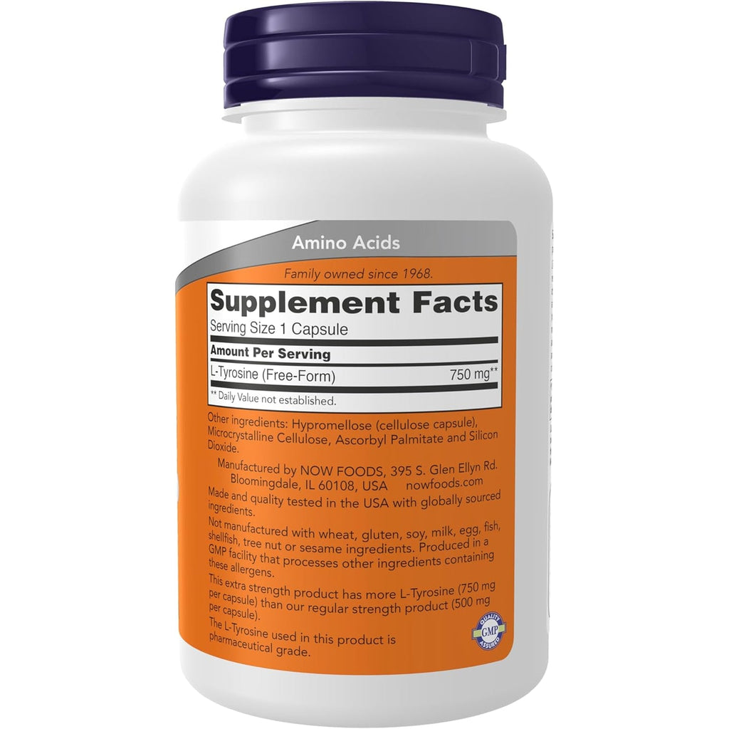 NOW Supplements, L-Tyrosine 750 Mg, Supports Mental Alertness*, Neurotransmitter Support*, 90 Veg Capsules