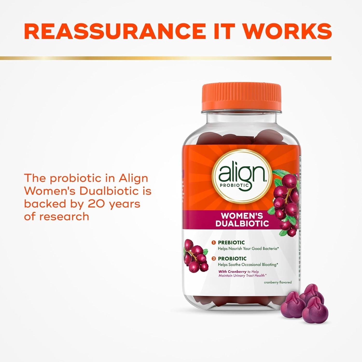 Align Probiotic, Women'S Dualbiotic, Womens Probiotic Gummies, Prebiotics and Probiotics for Women, with Cranberry for Urinary Tract Health*, Cranberry Flavor, 50 Gummies