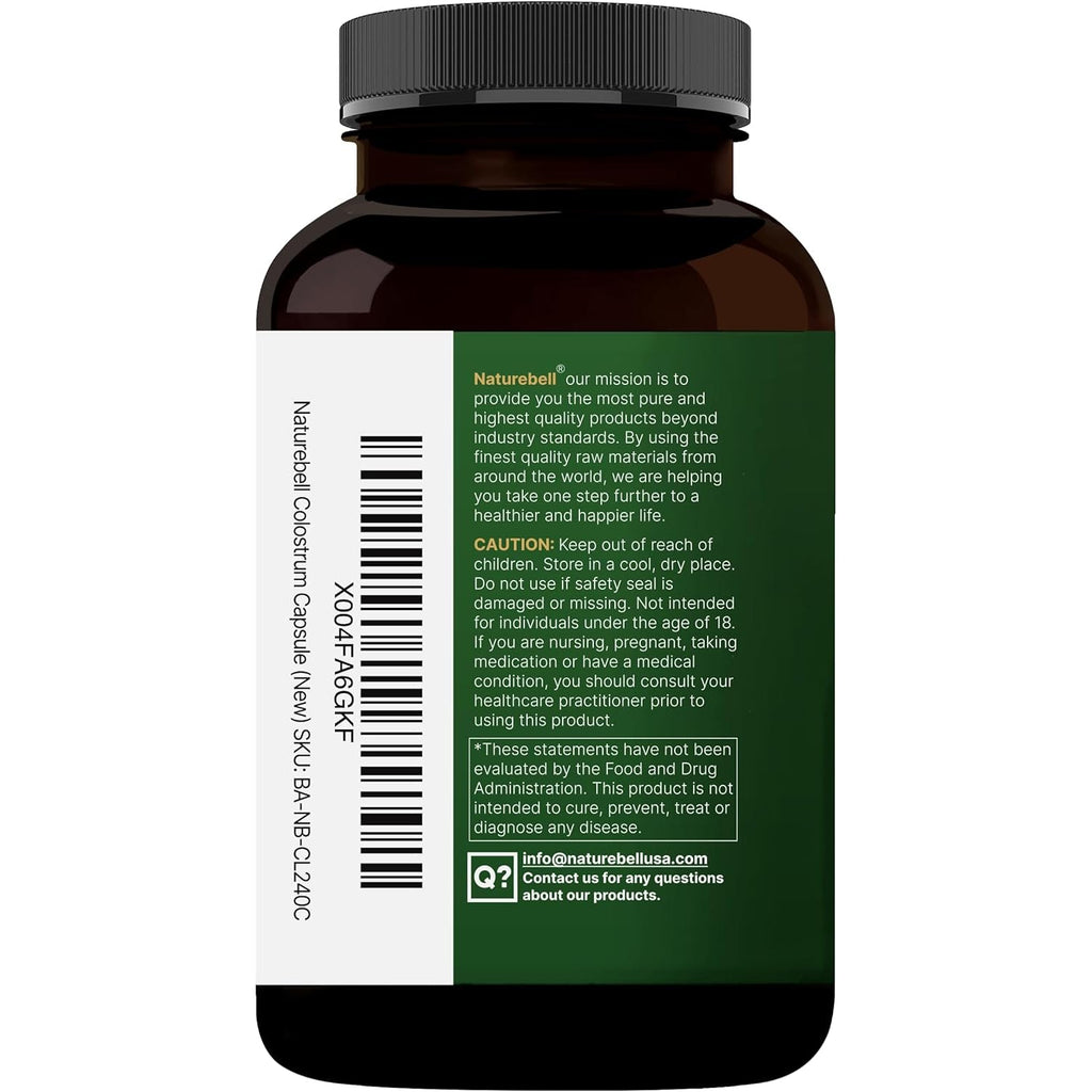 Naturebell Bovine Colostrum Supplement 1,000Mg per Serving, 240 Capsules | 40% Igg Colostrum Powder for Gut Health, Bloating, Skin, Hair & Immune Support – Non-Gmo