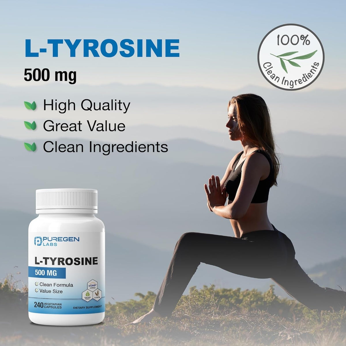 Puregen Labs L-Tyrosine 500 Mg, 240 Vegetable Capsules | No Harmful Additives | Non-Gmo, Vegan, Gluten Free, Dairy Free - 240 Servings
