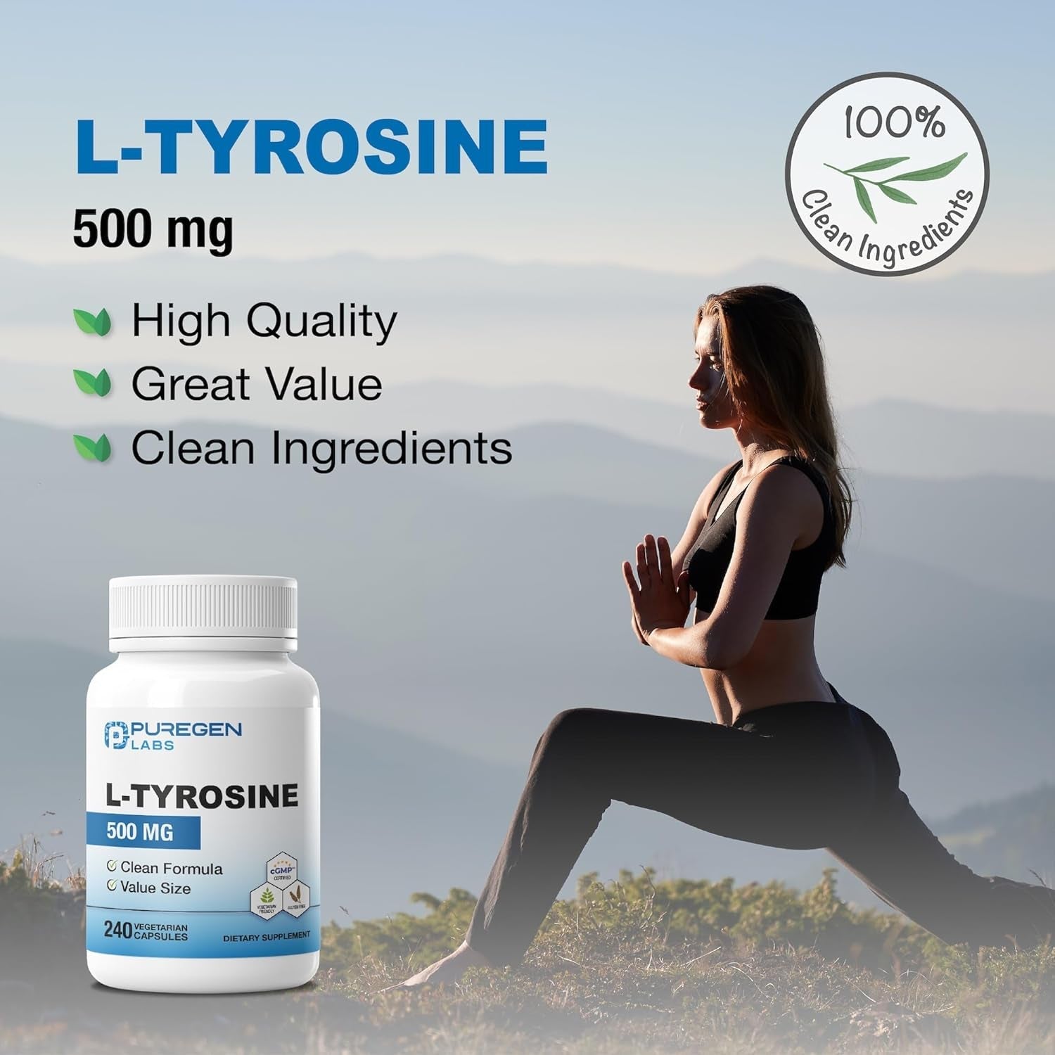 Puregen Labs L-Tyrosine 500 Mg, 240 Vegetable Capsules | No Harmful Additives | Non-Gmo, Vegan, Gluten Free, Dairy Free - 240 Servings