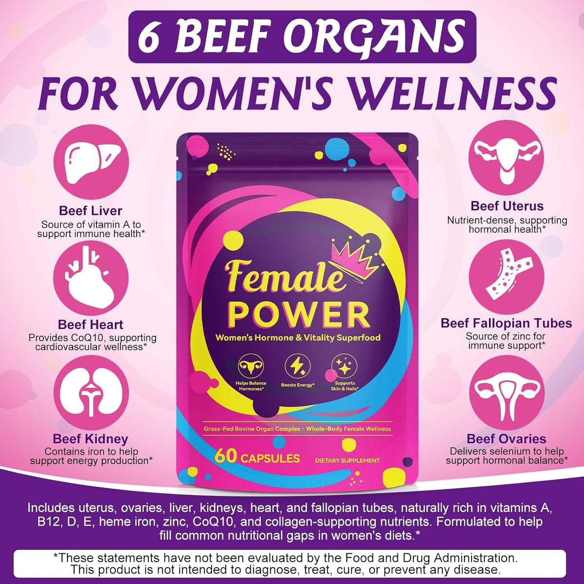 Beef Organ Supplement for Women, Female-Optimized Beef Organs Superfood Supplement, 100% Grass Fed - Balance Hormones, Energy & Female Wellness for Women (60 Count (Pack of 1))