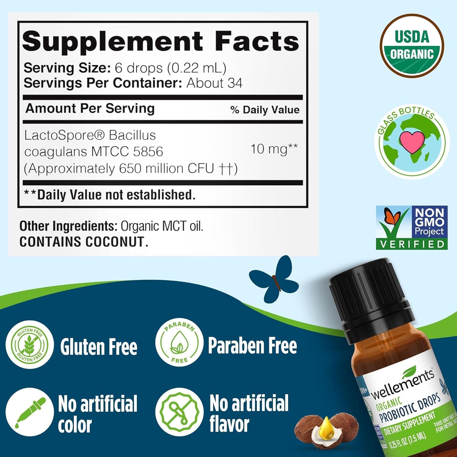 Wellements Organic Baby Probiotic Drops (0.25 Fl Oz) - Digestive & Immune Support for Infants - Toddler Probiotic Helps with Newborn+ Gut Health, Gas, Constipation & Colic Support - Preservative Free