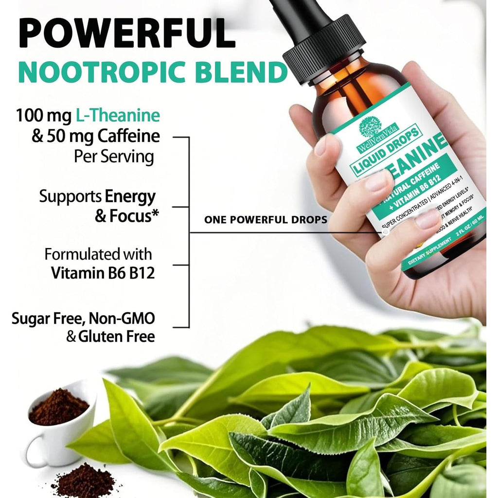 Wellveravida L Theanine Caffeine Liquid Drops, High Potency L-Theanine 100Mg W. Caffeine Vitamin B12 B6, Natural Nootropic Brain for Smooth Energy Focus Alertness, 6X Stronger than Pills Powder Gum