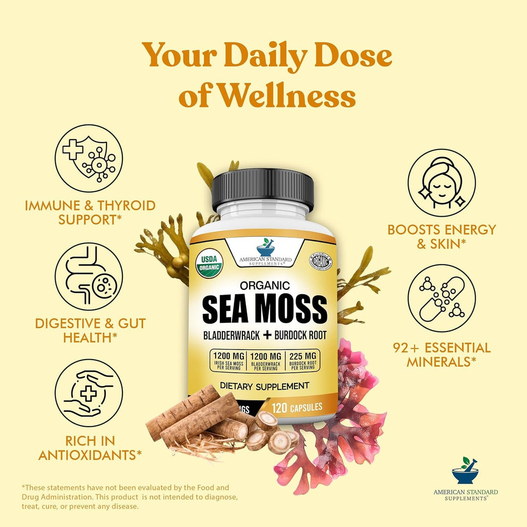 American Standard Supplements Organic Sea Moss, Bladderwrack & Burdock Root Capsules - 1200Mg Seamoss, 1200Mg Bladderwrack, 225Mg Burdock Root per Serving - 120 Capsules, 40 Servings
