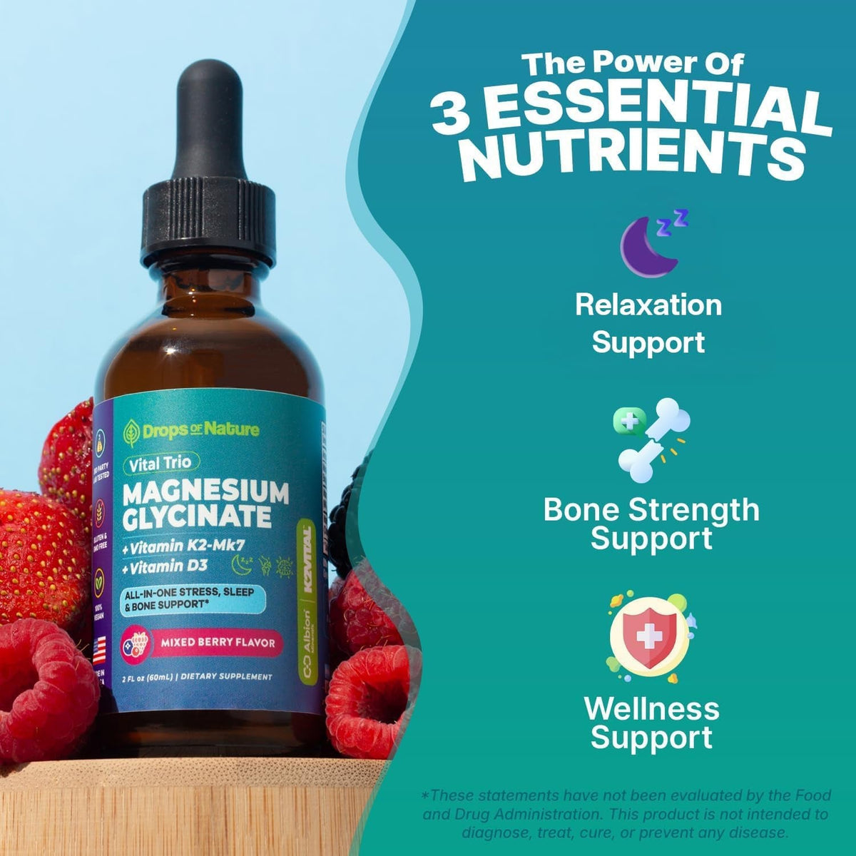 Magnesium Glycinate, Vitamin K2 & D3 Supplement – Vegan, Gmo-Free – VIT D MK7 K2 Vitamin Supplement & Magnesium Blend – with Nutrients for Bone, Sleep & Daily Relaxation Support (Mixed Berry, 60 Ml)